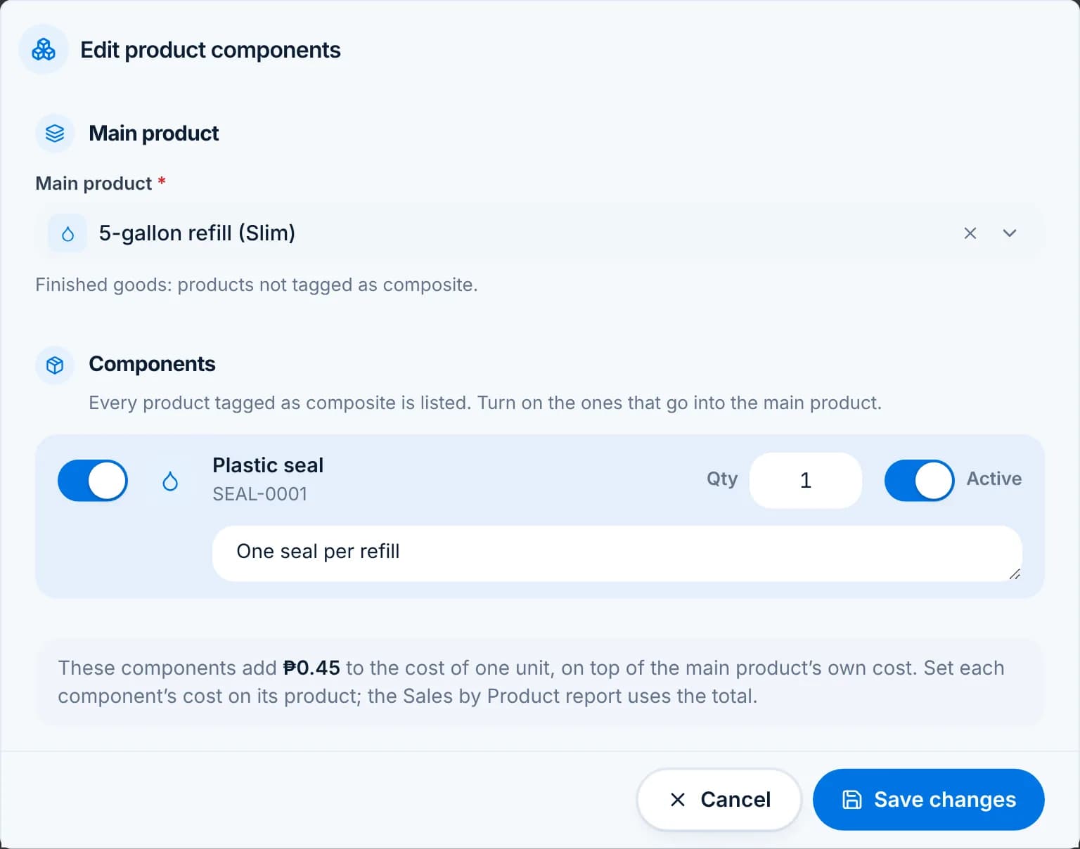 The Edit product components dialog with a note: these components add ₱0.45 to the cost of one unit.