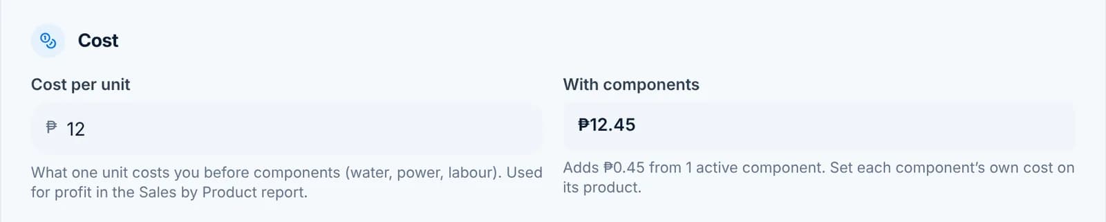 The Cost section of the product form with Cost per unit and a With components figure beside it.