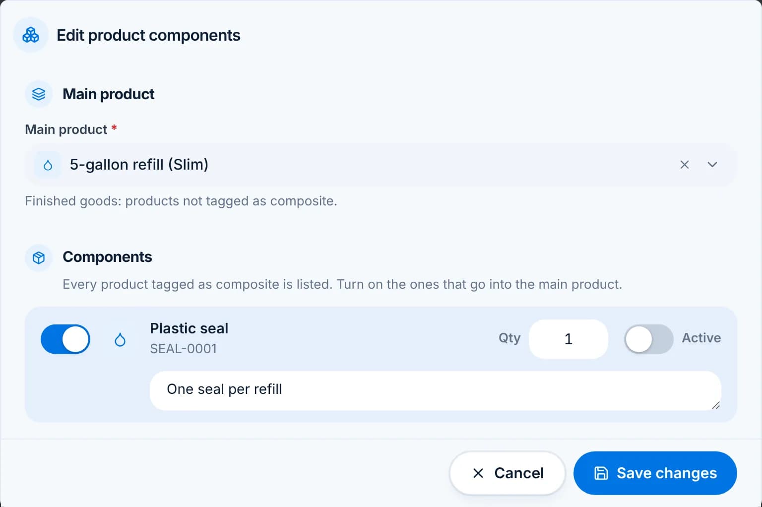 The Edit product components dialog with Plastic seal switched on, Qty 1, and the Active switch off.