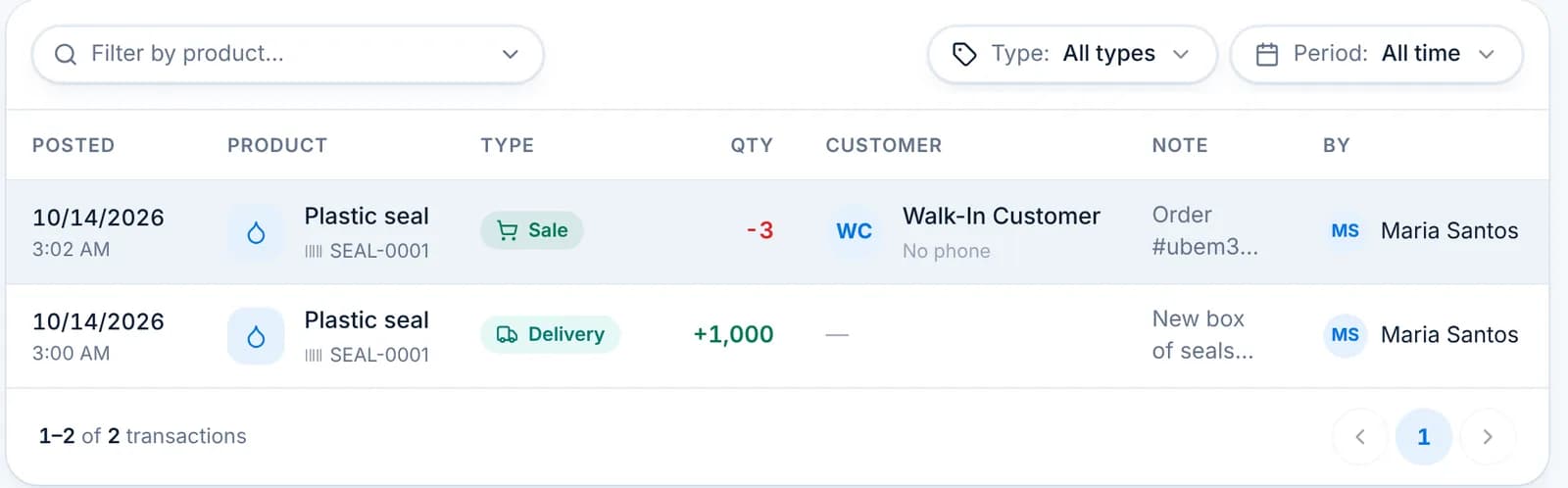 Transaction History with a Sale and a Delivery for Plastic seal.