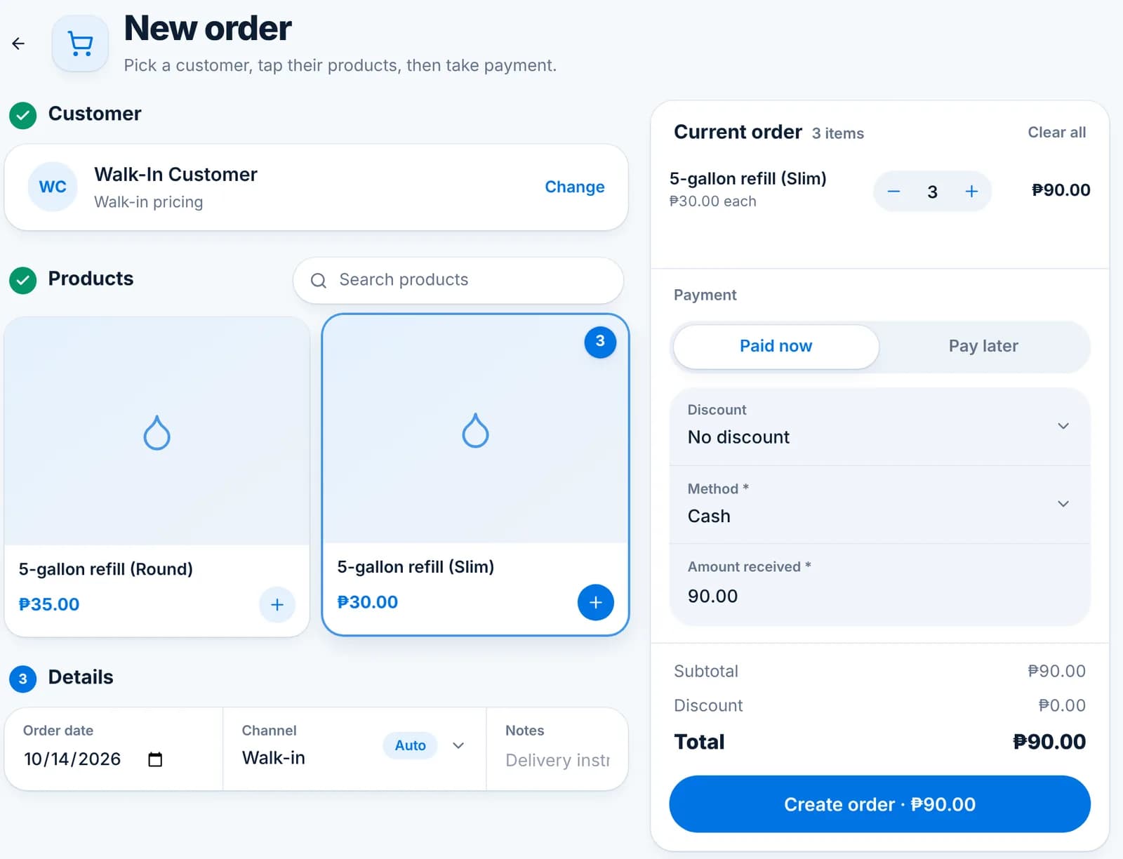 The New order screen with three 5-gallon refills in the cart and a Create order button for ₱90.