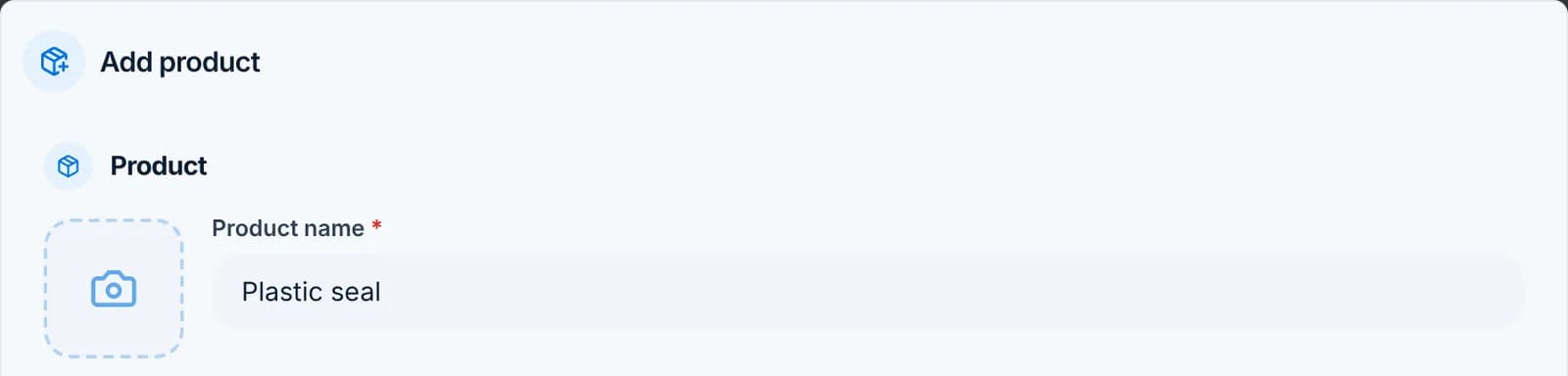 The Add product form with “Plastic seal” typed in the Product name field.