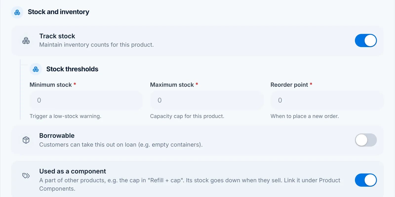 The Stock and inventory section of the product form with Track stock on and the Stock thresholds fields.