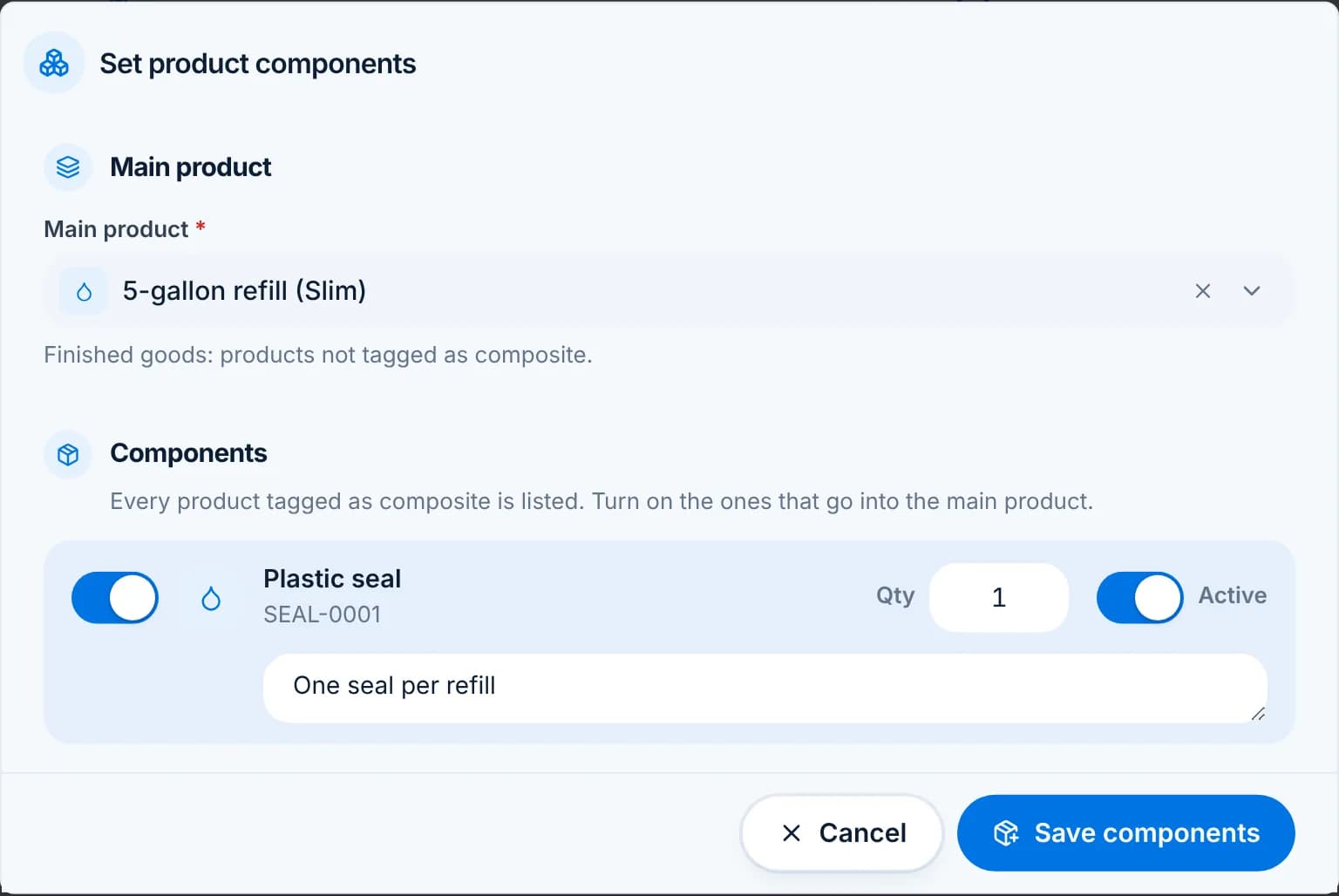The Set product components dialog with “5-gallon refill (Slim)” as the main product and Plastic seal switched on with quantity 1.