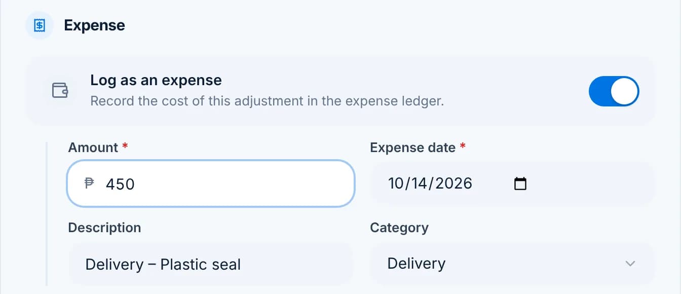 The Expense section of the adjustment dialog with Log as an expense on and an amount.