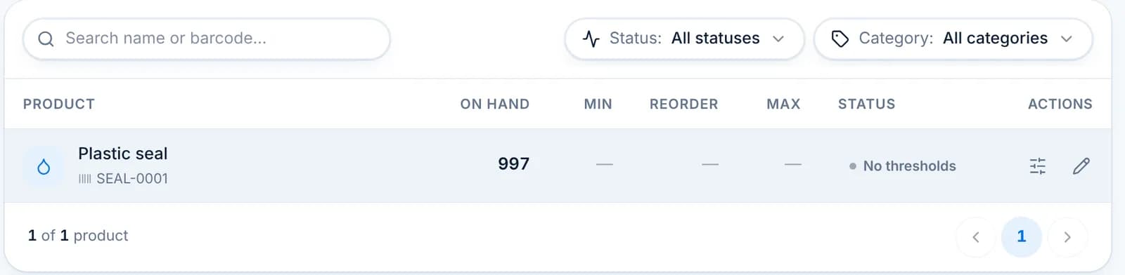 Stock levels showing Plastic seal with 997 on hand.