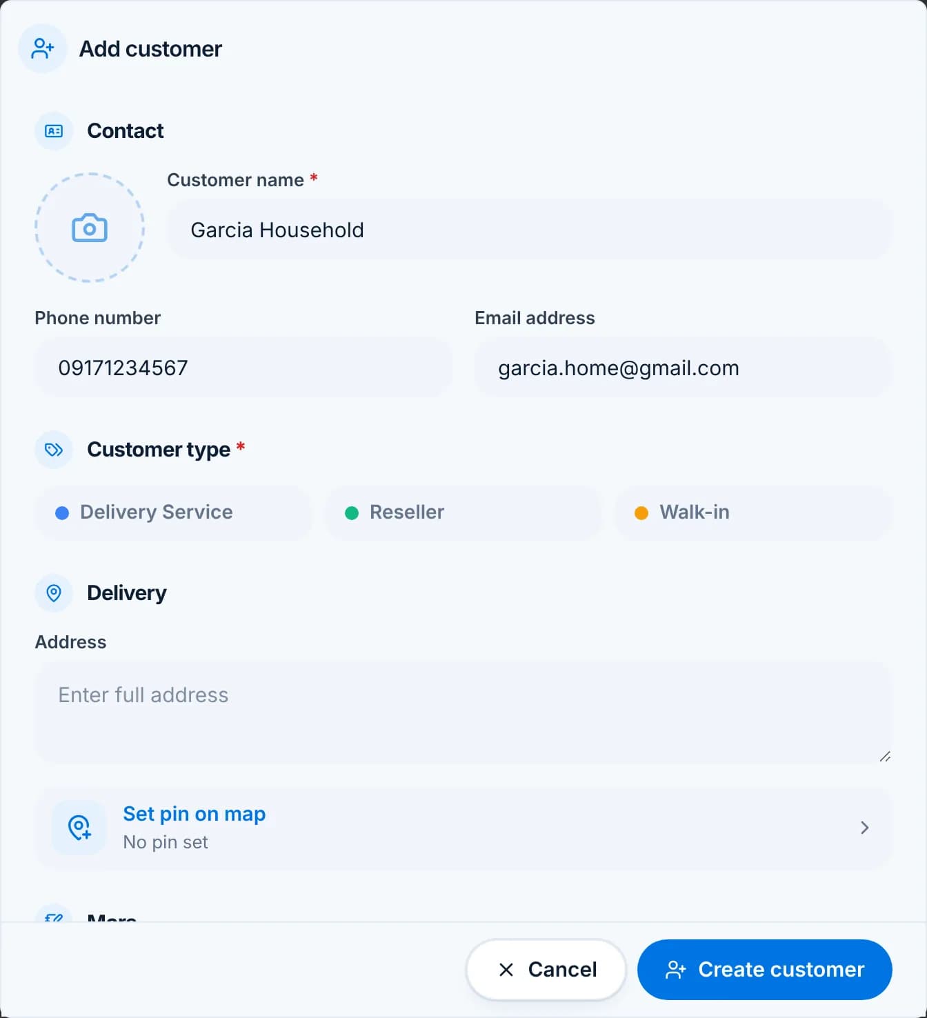 The Add customer form with name, phone, email and customer type.