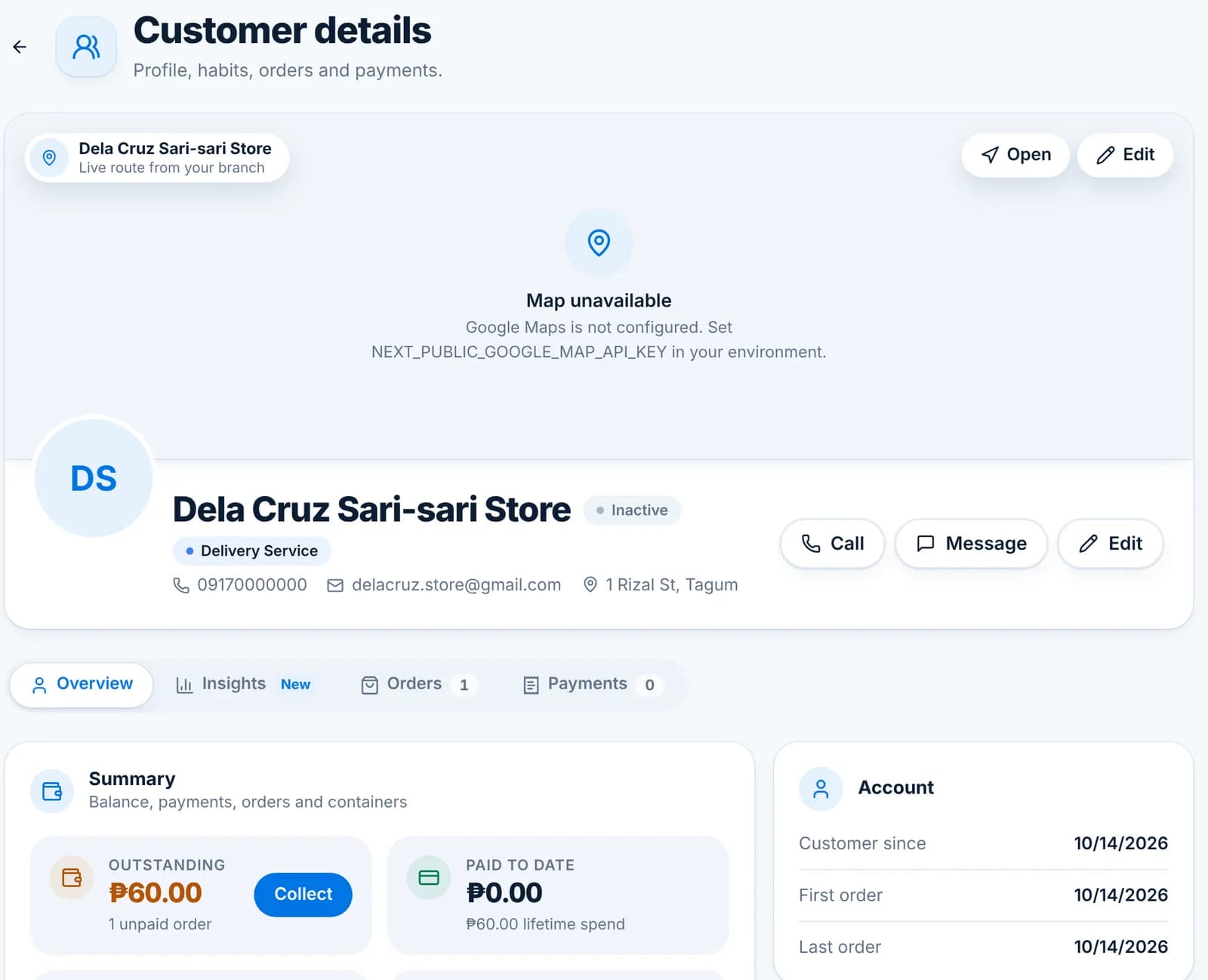 The customer page for Dela Cruz Sari-sari Store with map, call and message buttons and the Summary card.