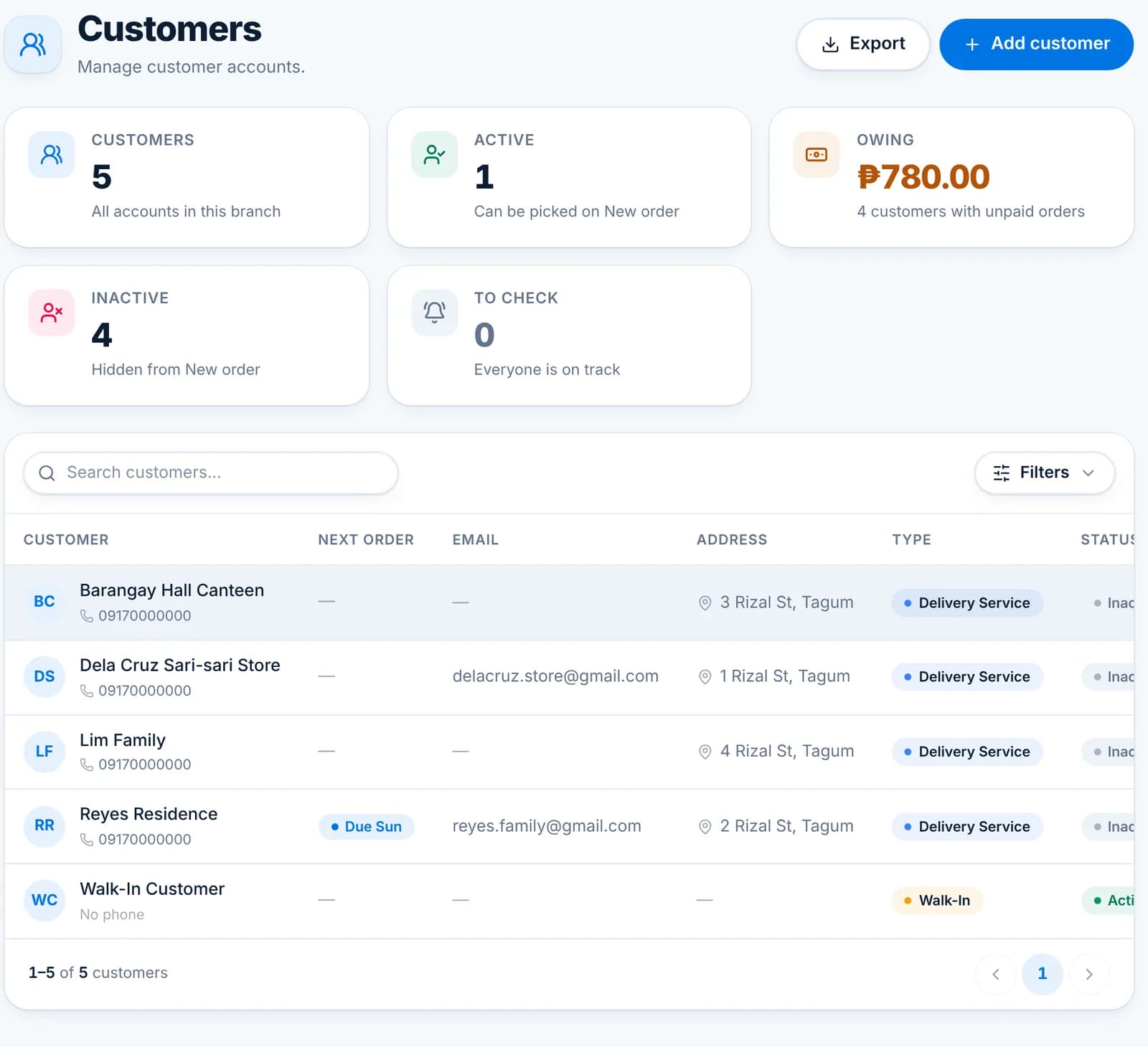 The Customers page with customers, active, owing, inactive and to check tiles and the customer table.