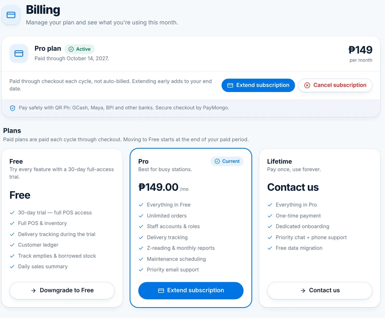 The Billing page showing the Pro plan as active with Extend subscription and Cancel subscription buttons, and the Free, Pro and Lifetime plan cards.