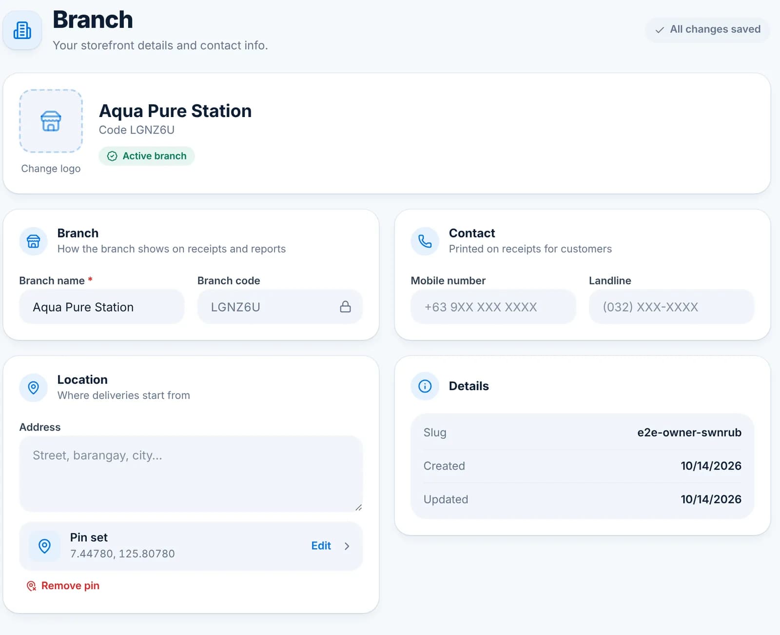 The Branch page with branch name, code, mobile and landline, address, map pin and logo.