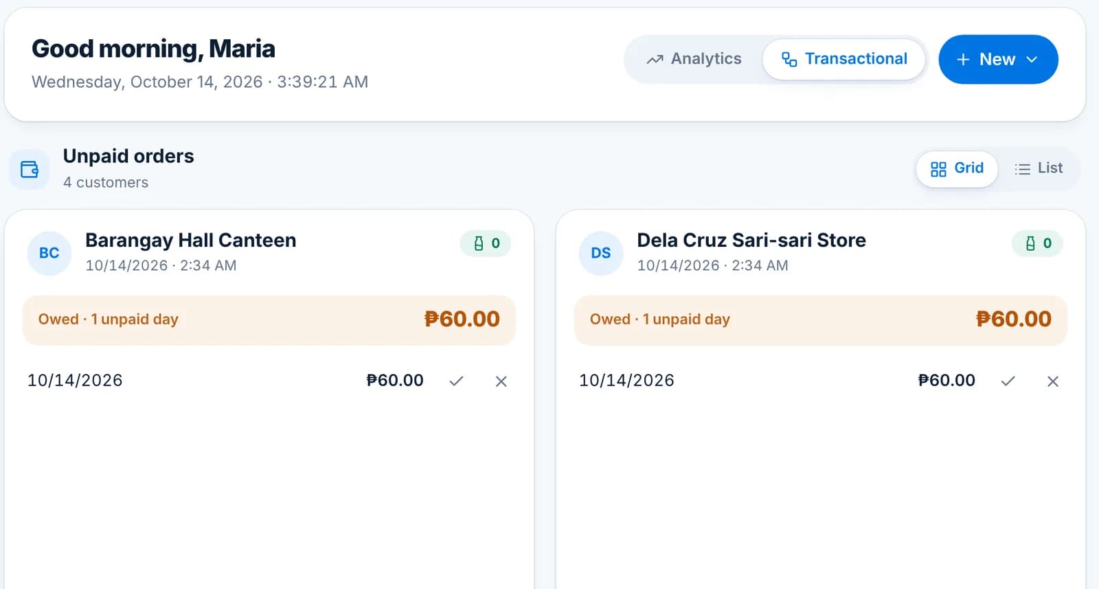 The Transactional dashboard listing customers with unpaid orders and quick check and clear actions.