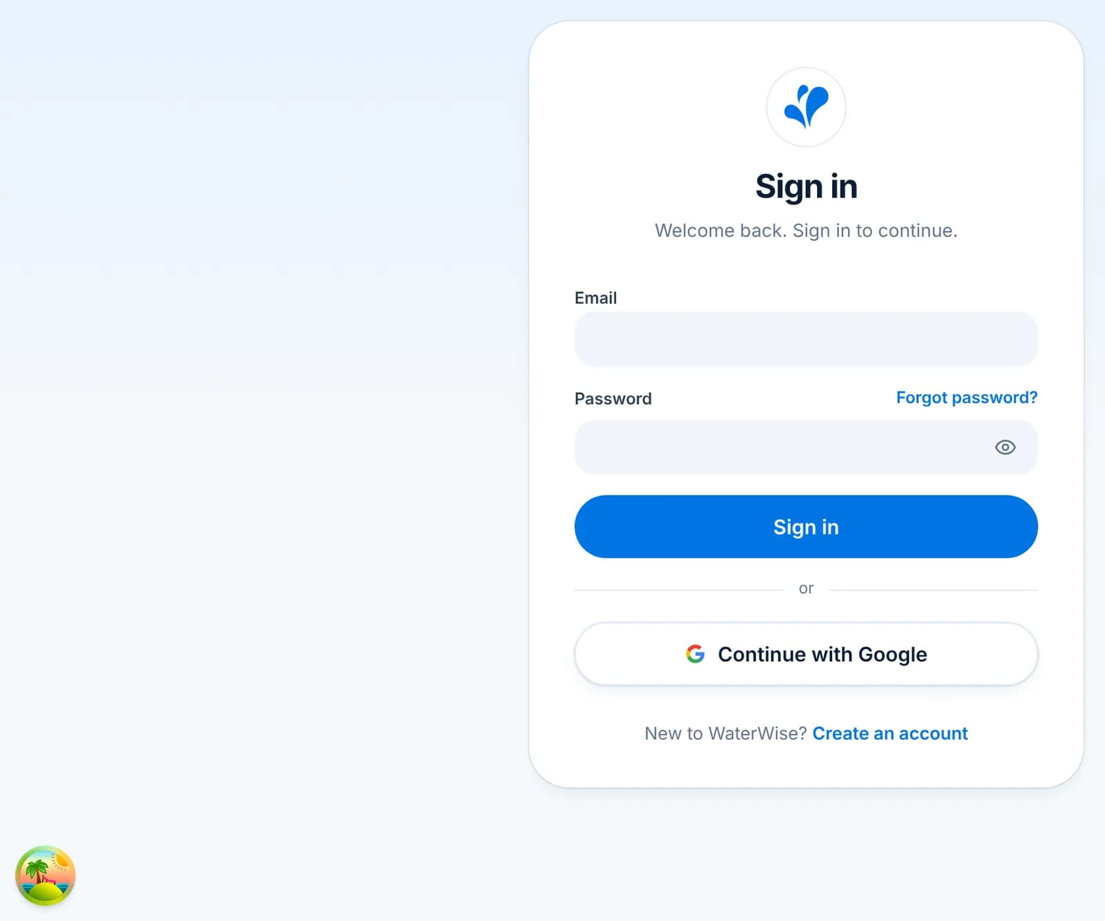 The Sign in screen with Email, Password, a Sign in button and Continue with Google.
