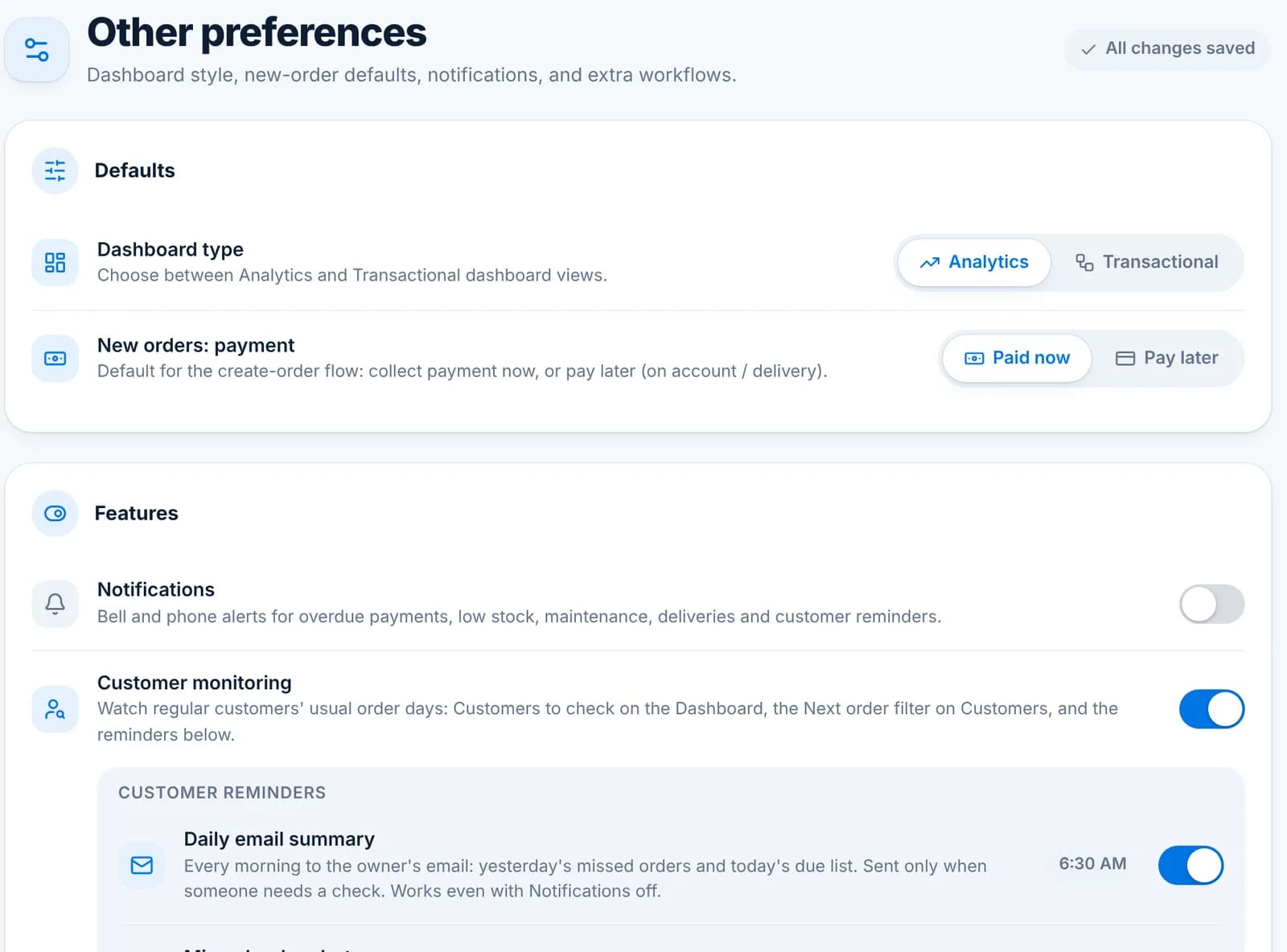 The Other preferences page with Dashboard type, New orders payment default, Notifications and Customer monitoring reminders.