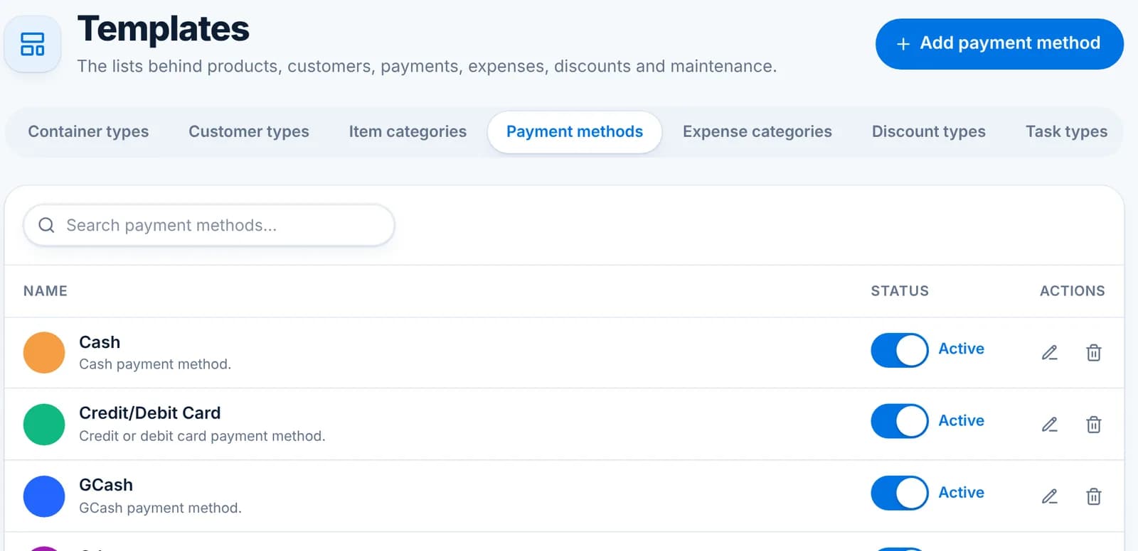 The Payment methods tab listing Cash, Credit/Debit Card, GCash and Others.