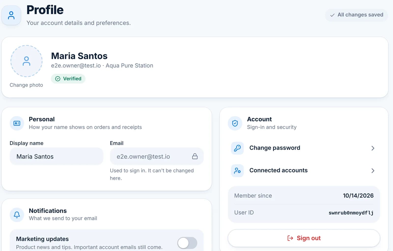 The Profile page with display name, email, change password, connected accounts and a marketing updates toggle.