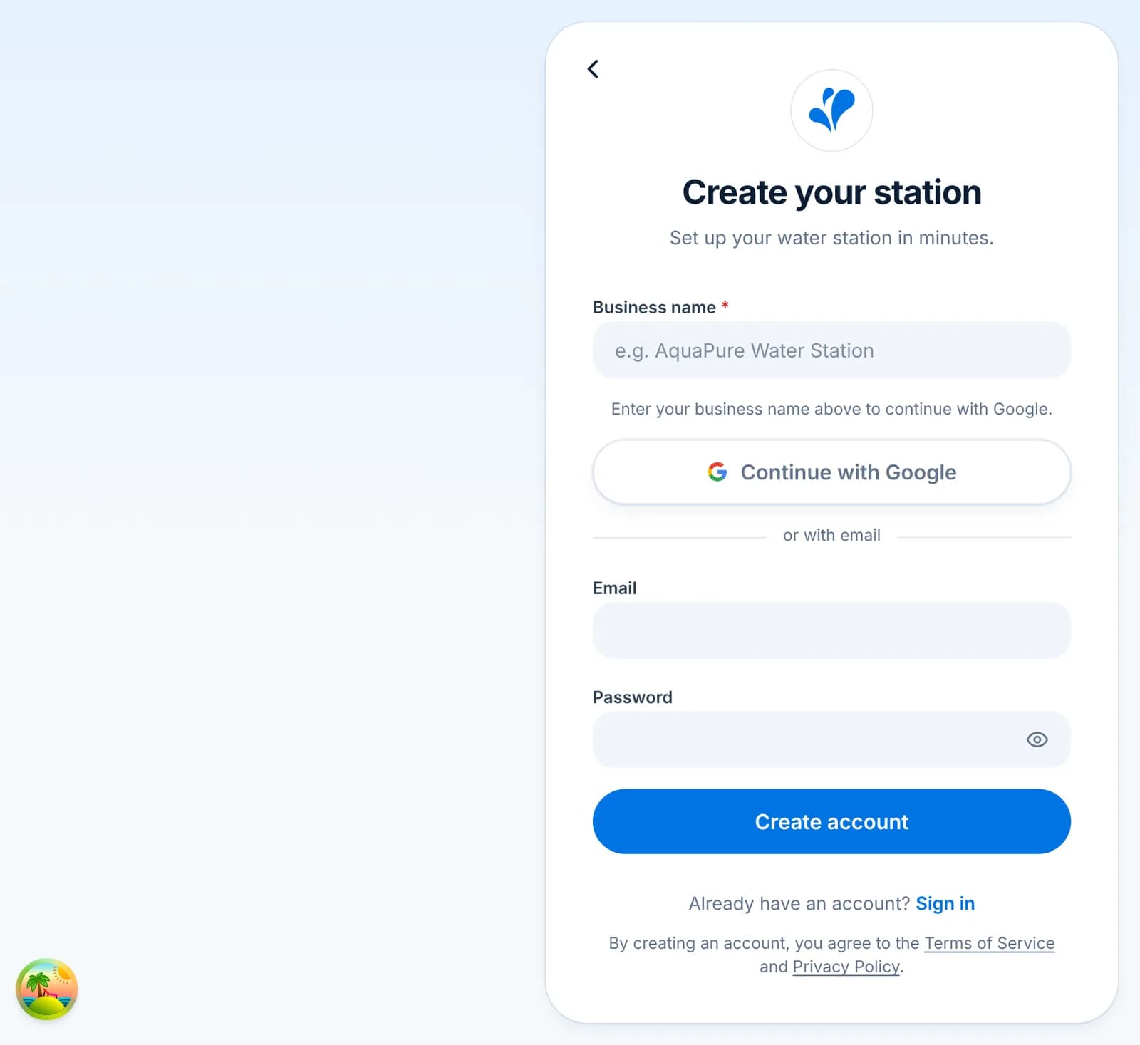 The Create your station form with Business name, Continue with Google, and Email and Password fields.