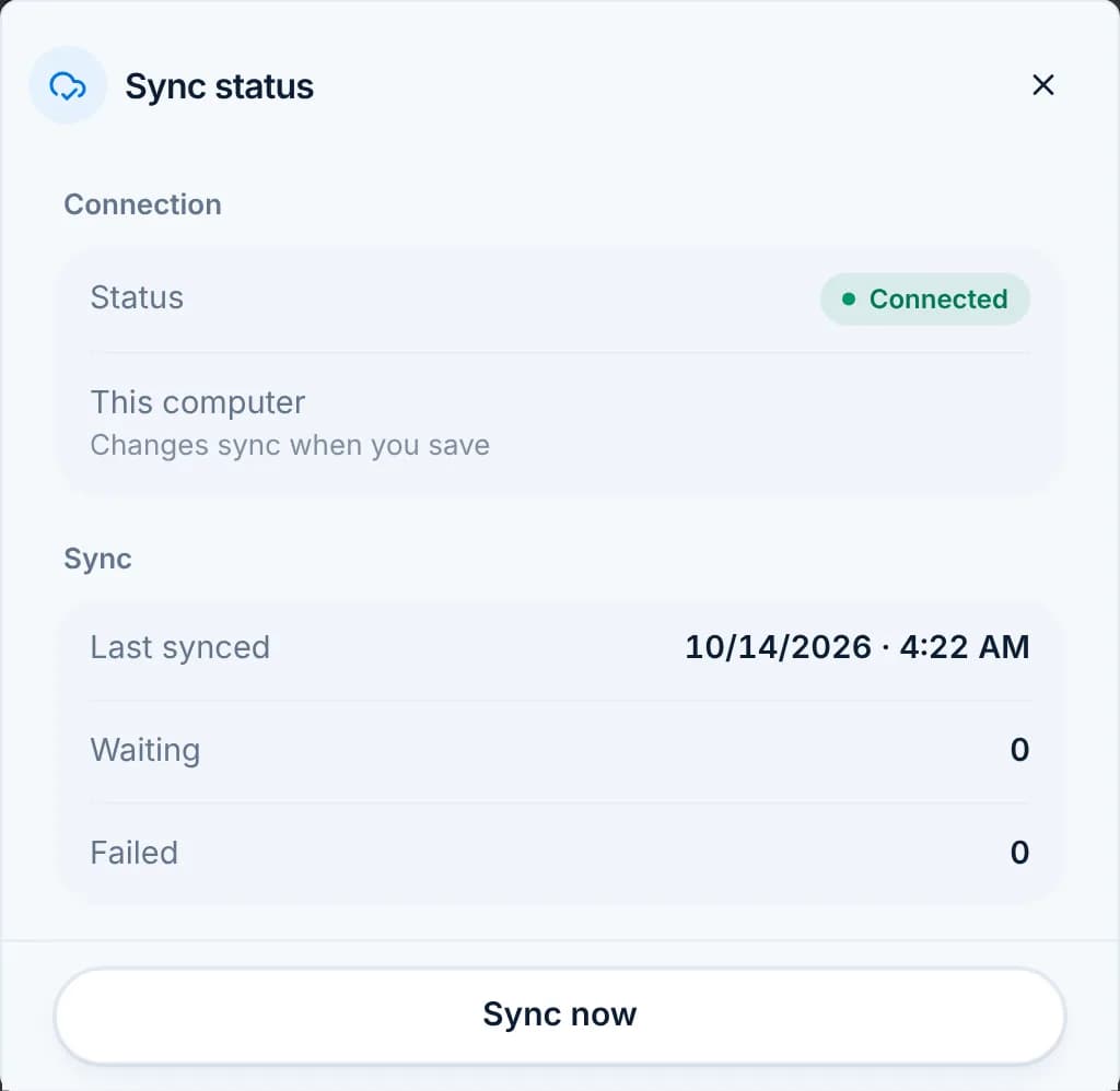 The Sync status dialog showing Connected, last synced time, waiting 0, failed 0 and a Sync now button.