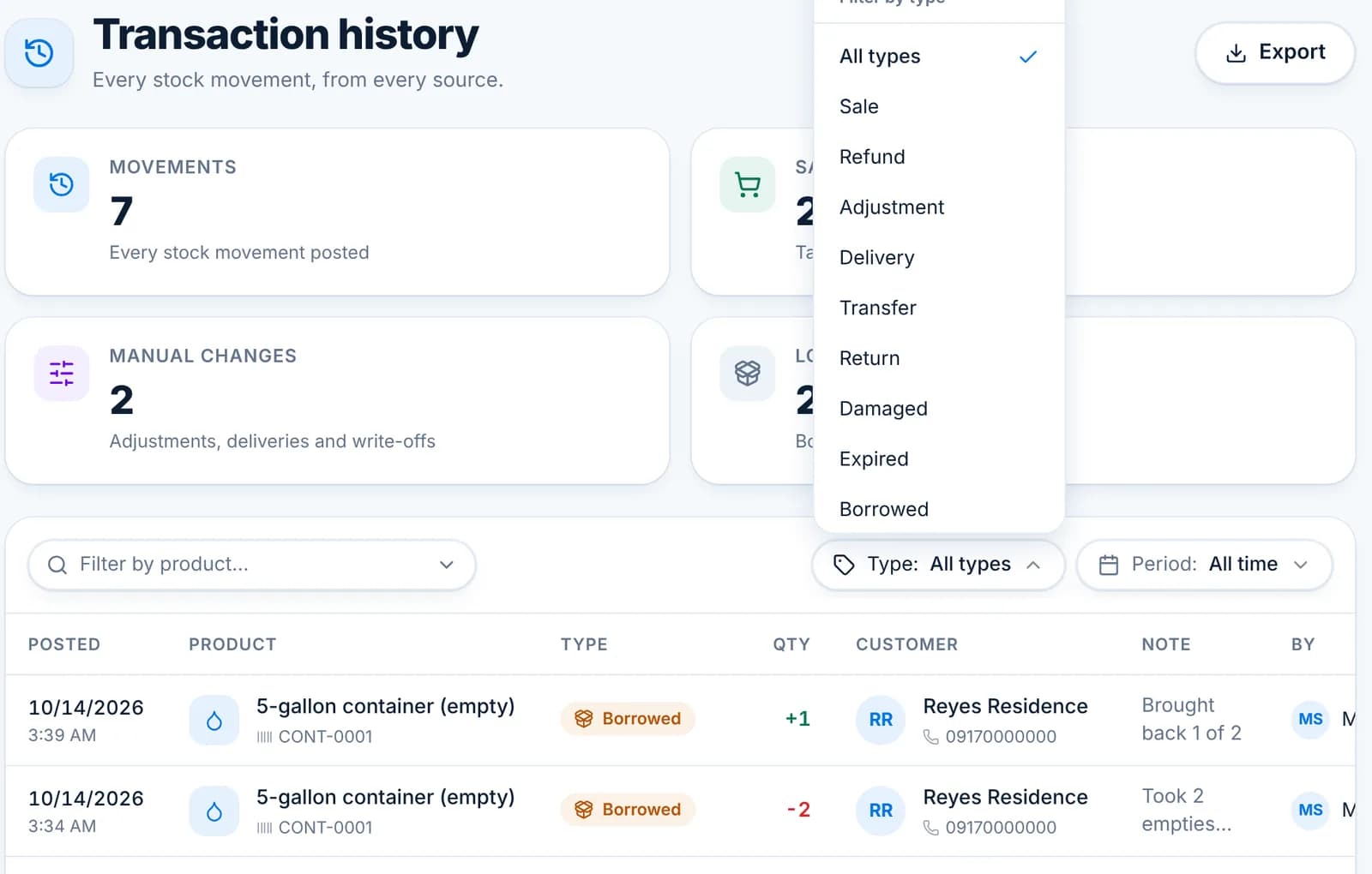 The Type filter open on Transaction History listing all movement types.