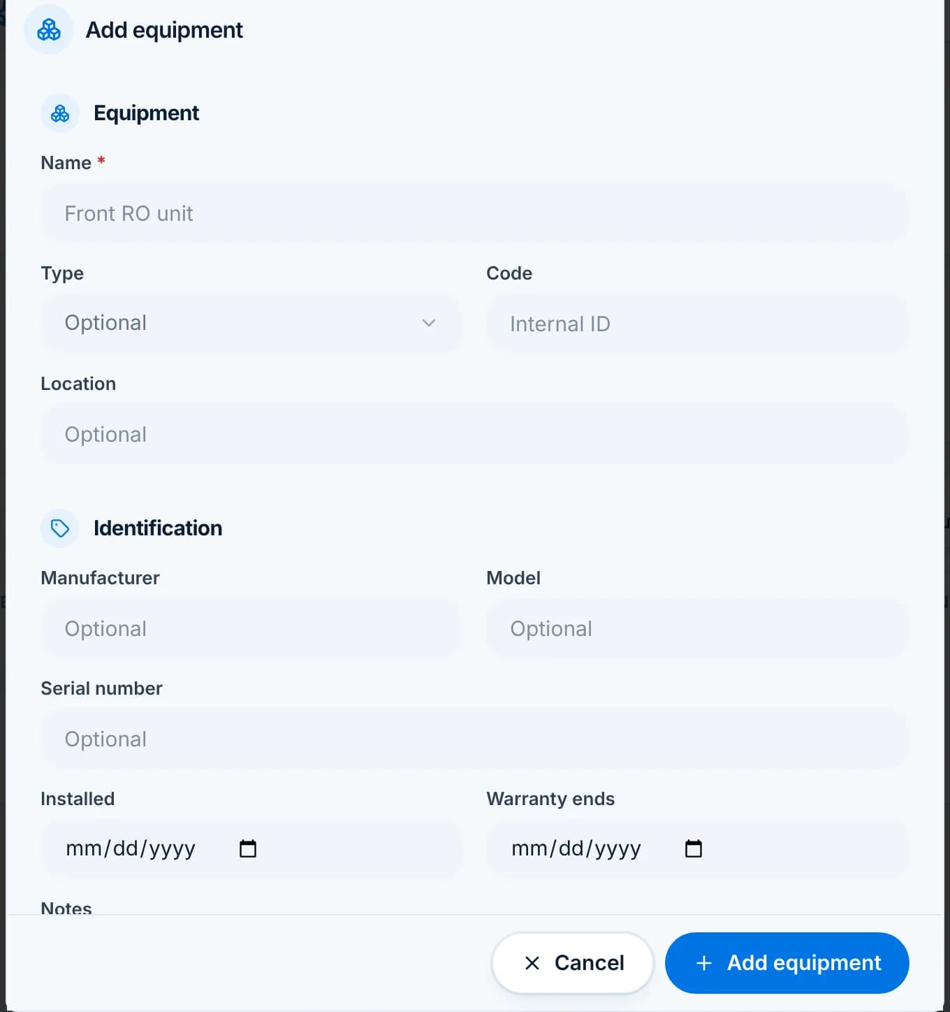 The Add equipment dialog with name, type, code, location, manufacturer, model, serial, installed and warranty fields.