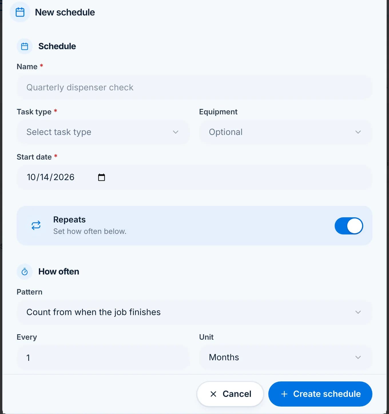 The New schedule dialog with name, task type, equipment, start date, Repeats on, pattern and every 1 months.