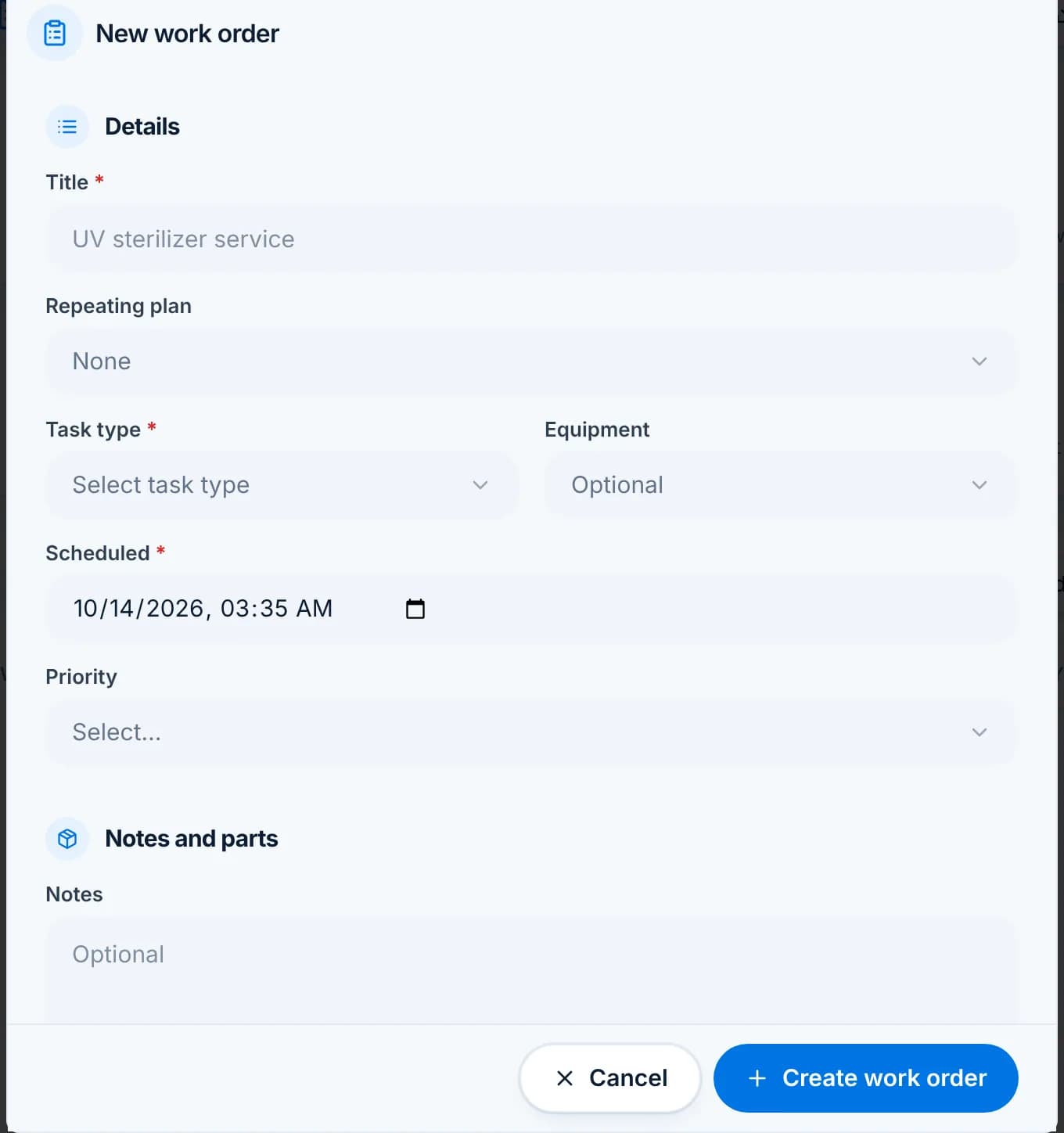 The New work order dialog with title, repeating plan, task type, equipment, scheduled date, priority and notes.