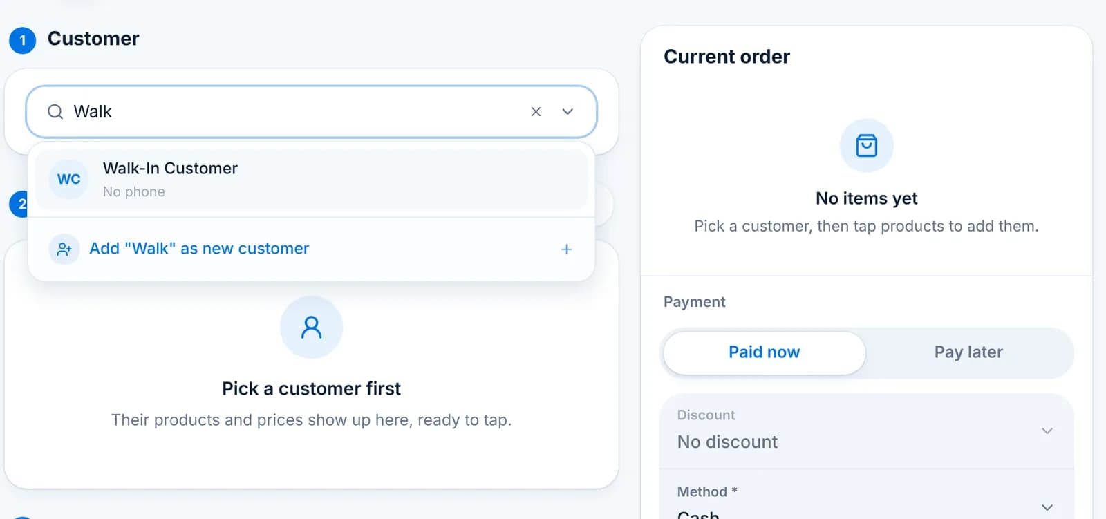 The customer search showing Walk-In Customer and an Add as new customer option.