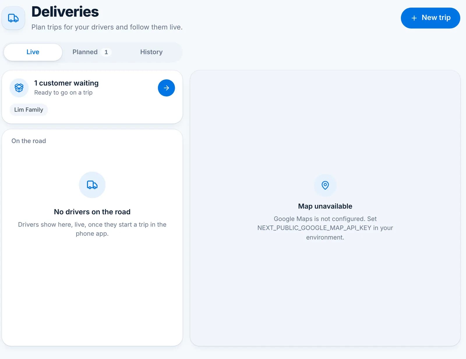 The Deliveries page on the Live tab with one customer waiting and no drivers on the road.
