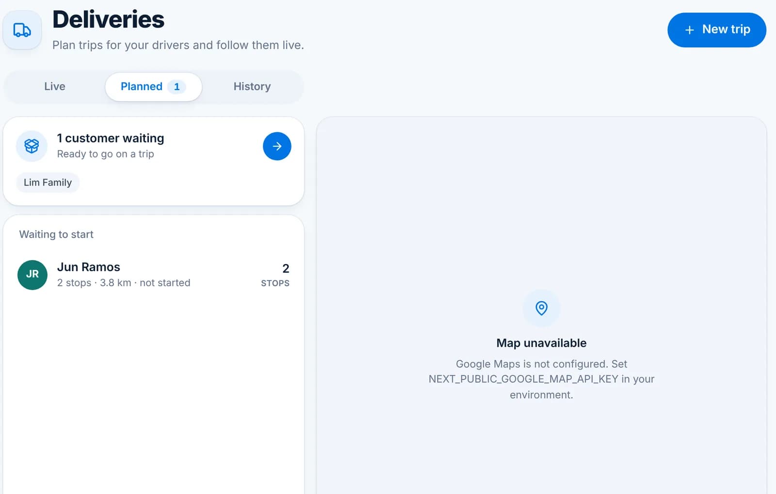 The Deliveries page on the Planned tab with Jun Ramos, 2 stops, 3.8 km, not started.