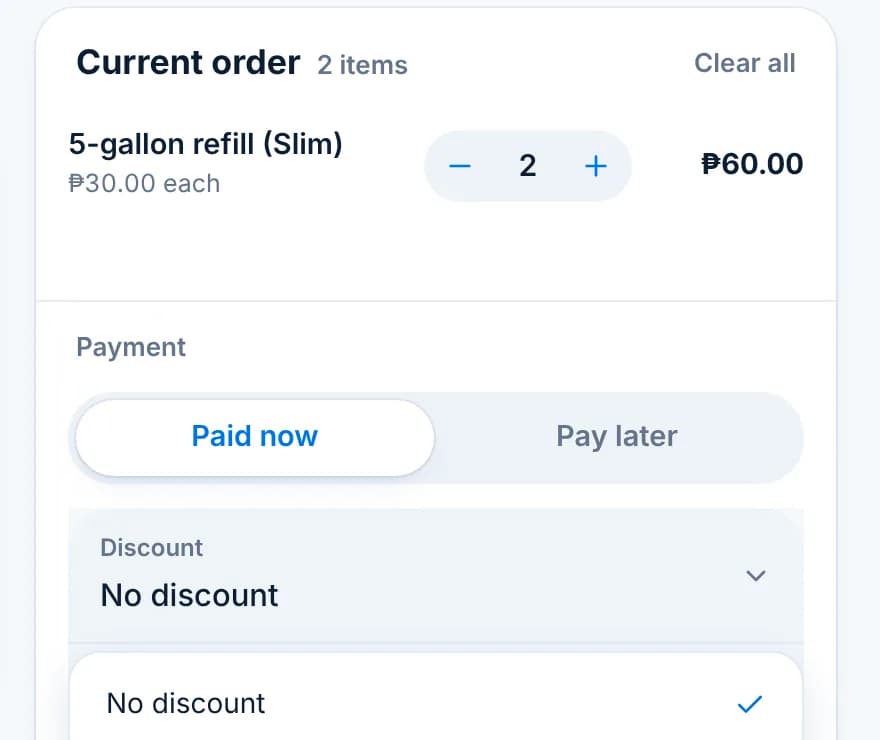 The Discount dropdown on the New order screen listing No discount, PWD 20%, Regular, Reseller and Senior Citizen 20%.