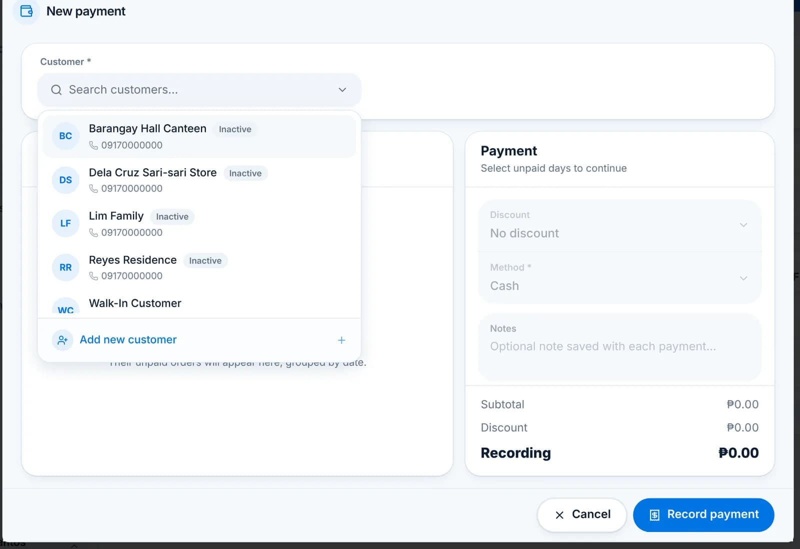The New payment dialog with the customer search open, listing customers and an Add new customer option.