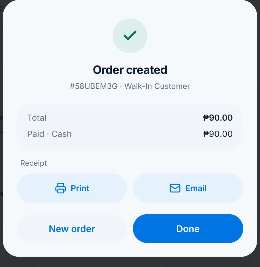 The Order created dialog with the order number, total, paid amount, Print and Email receipt buttons.