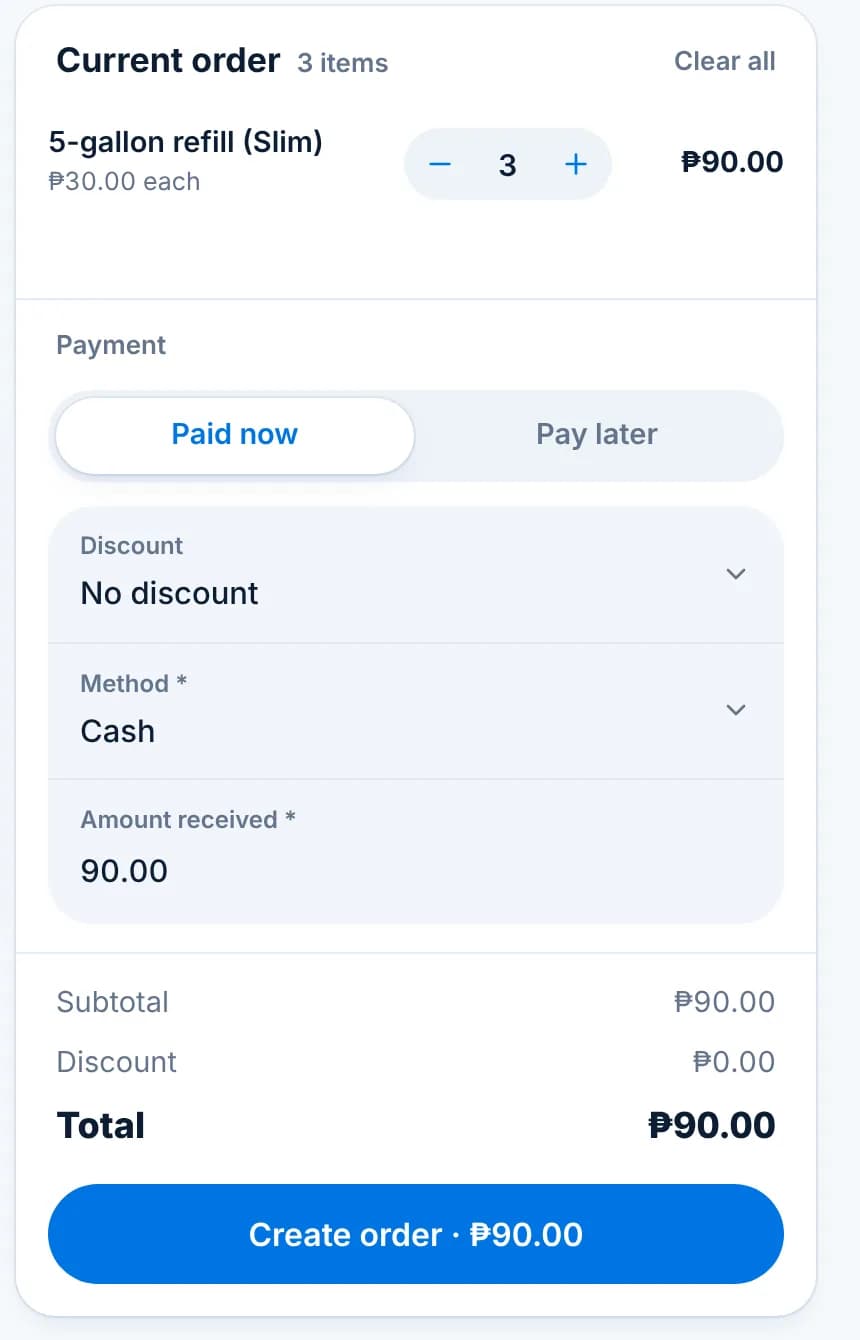 The Current order panel with the Paid now and Pay later toggle, discount, method, amount received and the total.