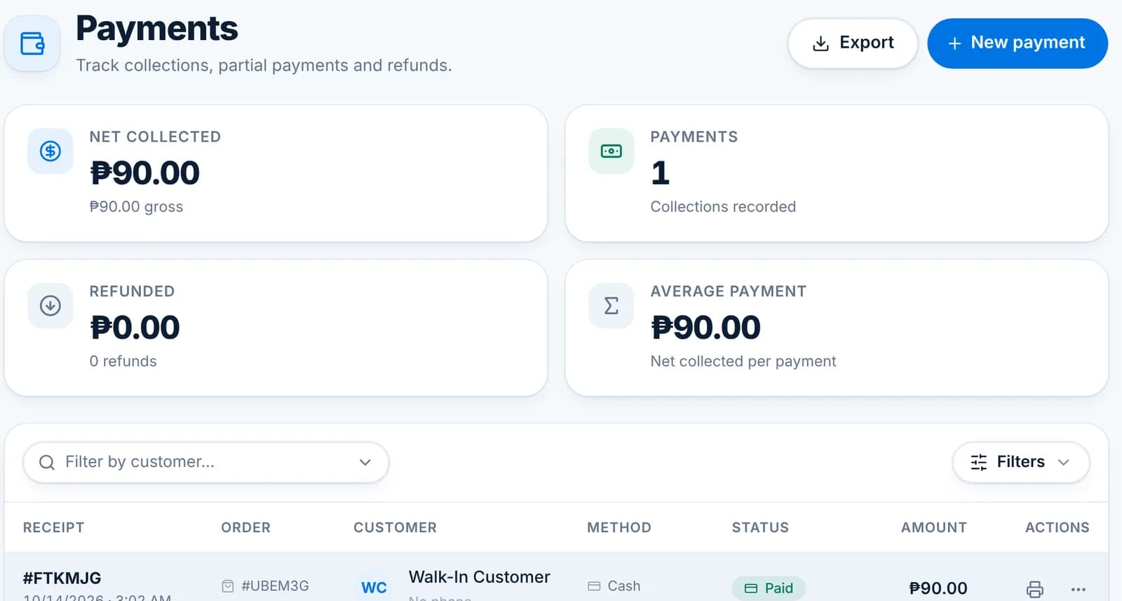 The Payments page with net collected, payments, refunded and average payment tiles and one receipt row.