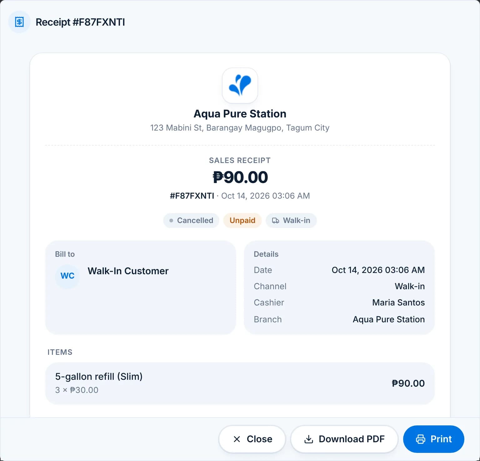 A receipt preview for order #F87FXNTI showing the branch header, status badges, bill to, details and items.