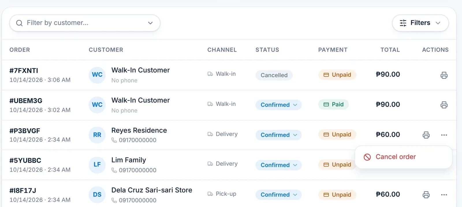 The row action menu on an unpaid order showing Cancel order.
