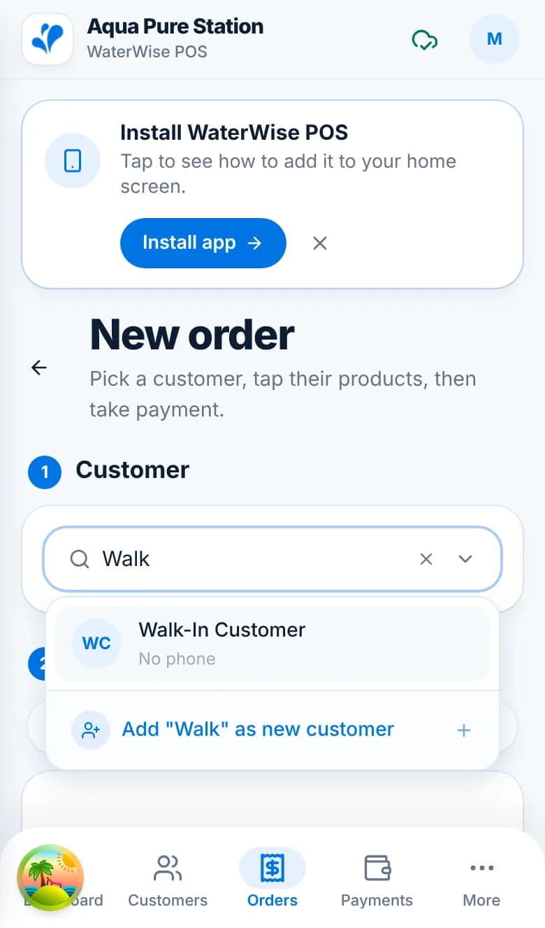 The customer search on a phone showing Walk-In Customer and an Add as new customer option.