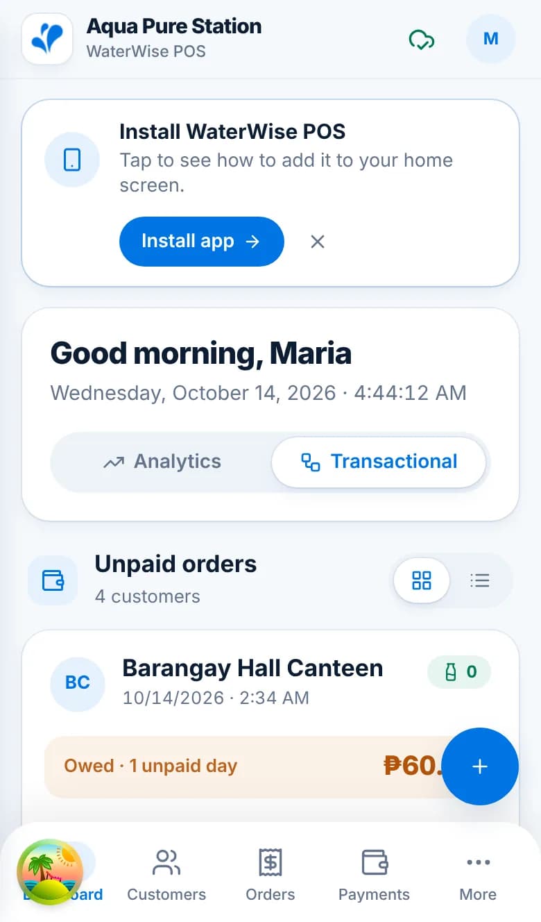 The Dashboard on a phone with the Install WaterWise POS card and its Install app button at the top.