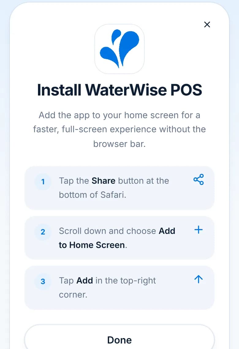 The Install WaterWise POS guide on an iPhone with three steps: Share, Add to Home Screen, Add.