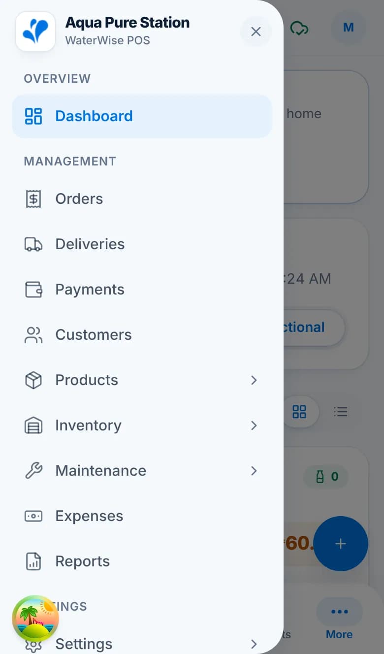 The More menu on a phone listing Dashboard, Orders, Deliveries, Payments, Customers, Products, Inventory, Maintenance, Expenses, Reports and Settings.