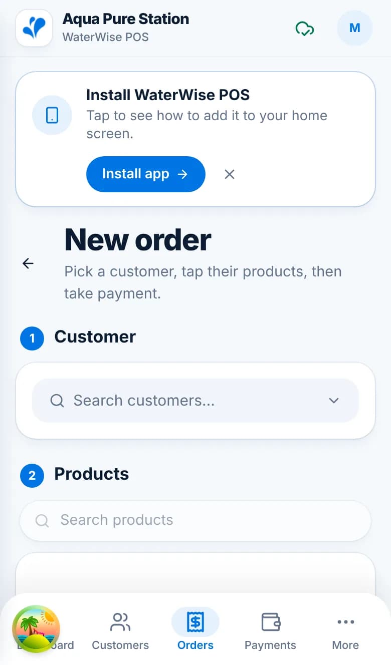 The New order screen on a phone with the Customer search box and the Products section.