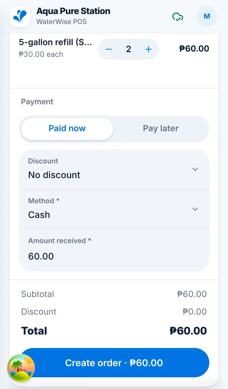 The Current order panel on a phone with Paid now selected, Cash, amount received 60 and a Create order ₱60 button.