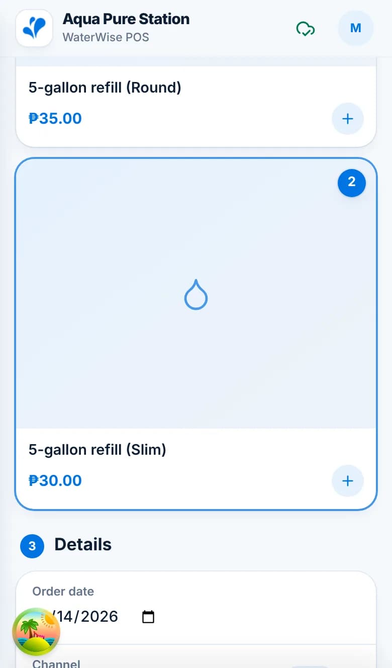 Product tiles on a phone with 5-gallon refill (Slim) showing a badge of 2.