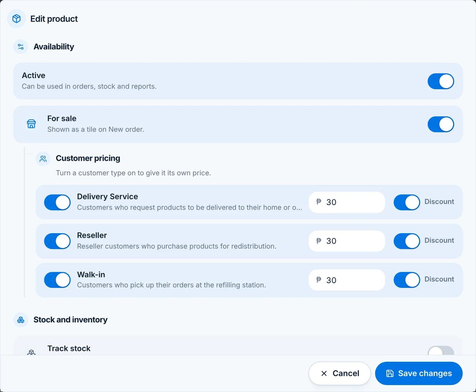 The Availability section with Active and For sale on, and the Customer pricing rows beneath.