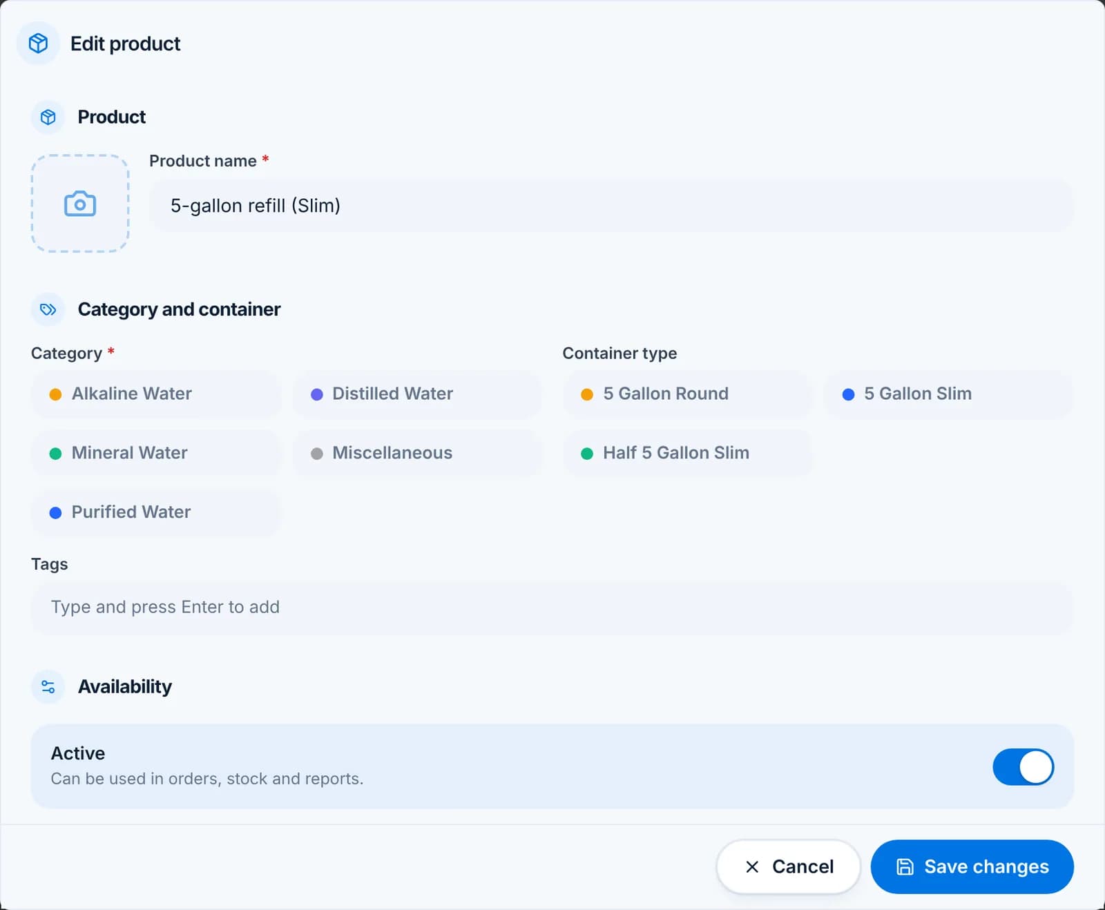 The Edit product form showing name, category chips, container type chips and tags.