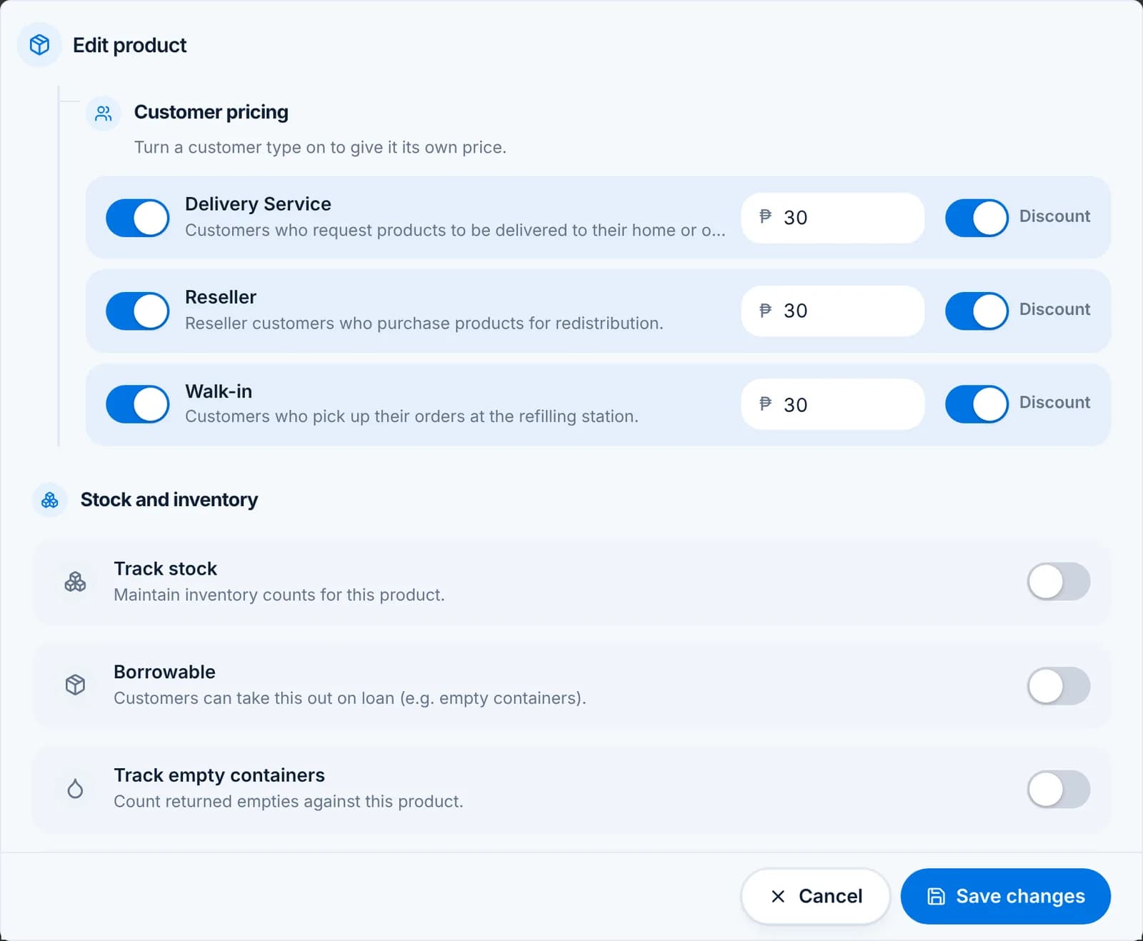 Customer pricing rows for Delivery Service, Reseller and Walk-in, each with a price and a Discount switch.