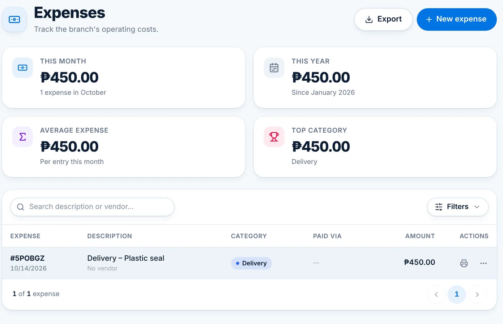 The Expenses page with this month, this year, average expense and top category tiles and one expense row.