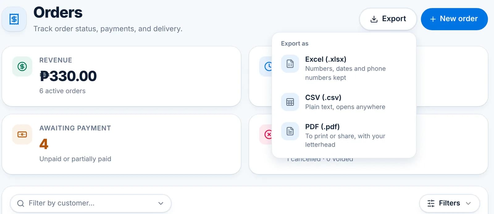 The Export menu on the Orders page offering Excel (.xlsx), CSV (.csv) and PDF (.pdf).