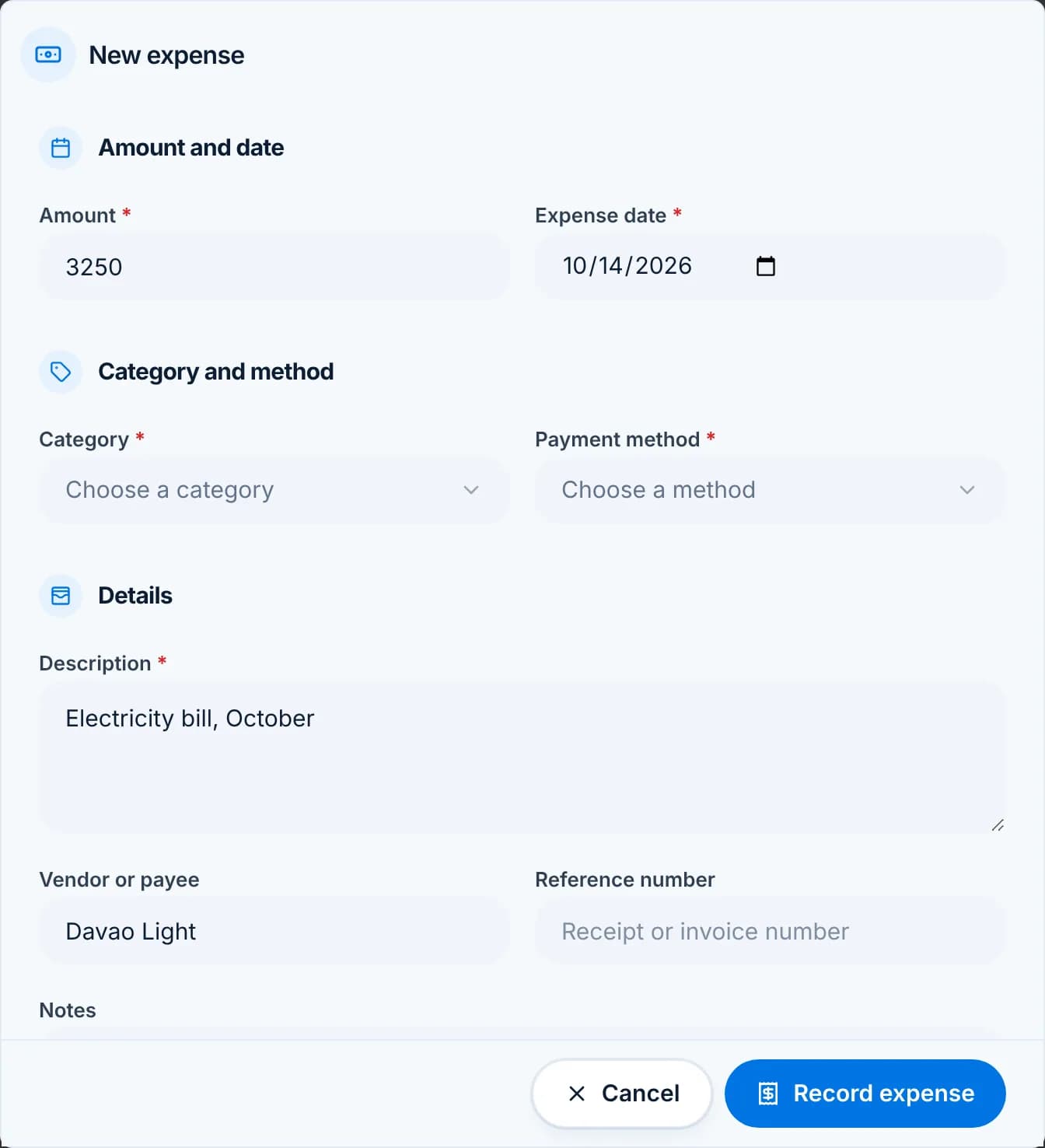 The New expense dialog with amount 3250, date, category and payment method pickers, description and vendor fields.