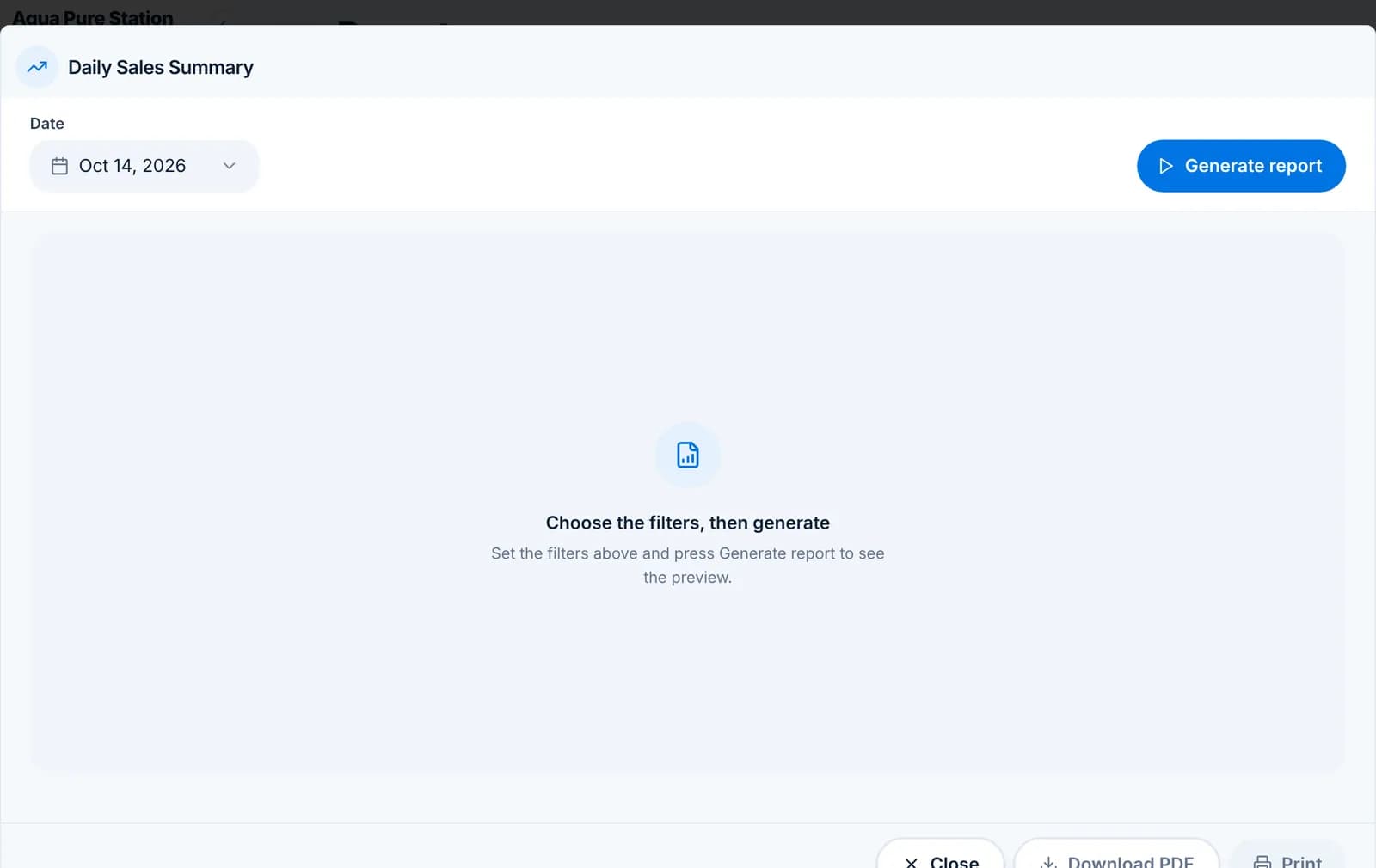 The Daily Sales Summary dialog with a Date filter set to Oct 14, 2026 and a Generate report button.